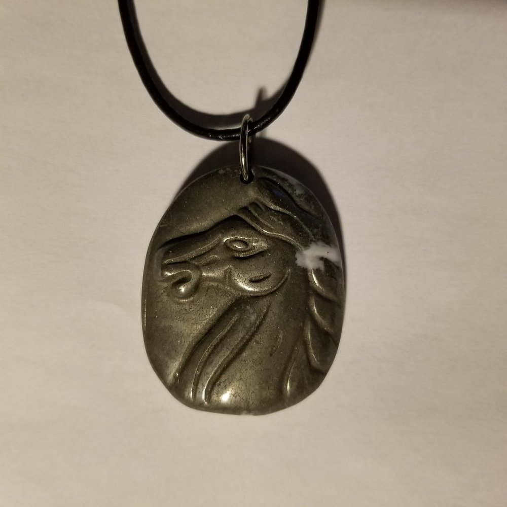 COPY - Pyrite gemstone horse head pendant, NWOT, black cord, artisan, unisex